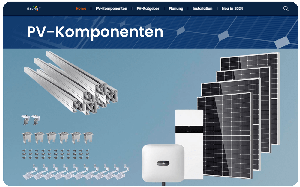 Schnellzugriff zum Thema PV-Komponenten, Kollage mit verschiedenen PV-Komponenten vor einem blaugrauem Hintergrund